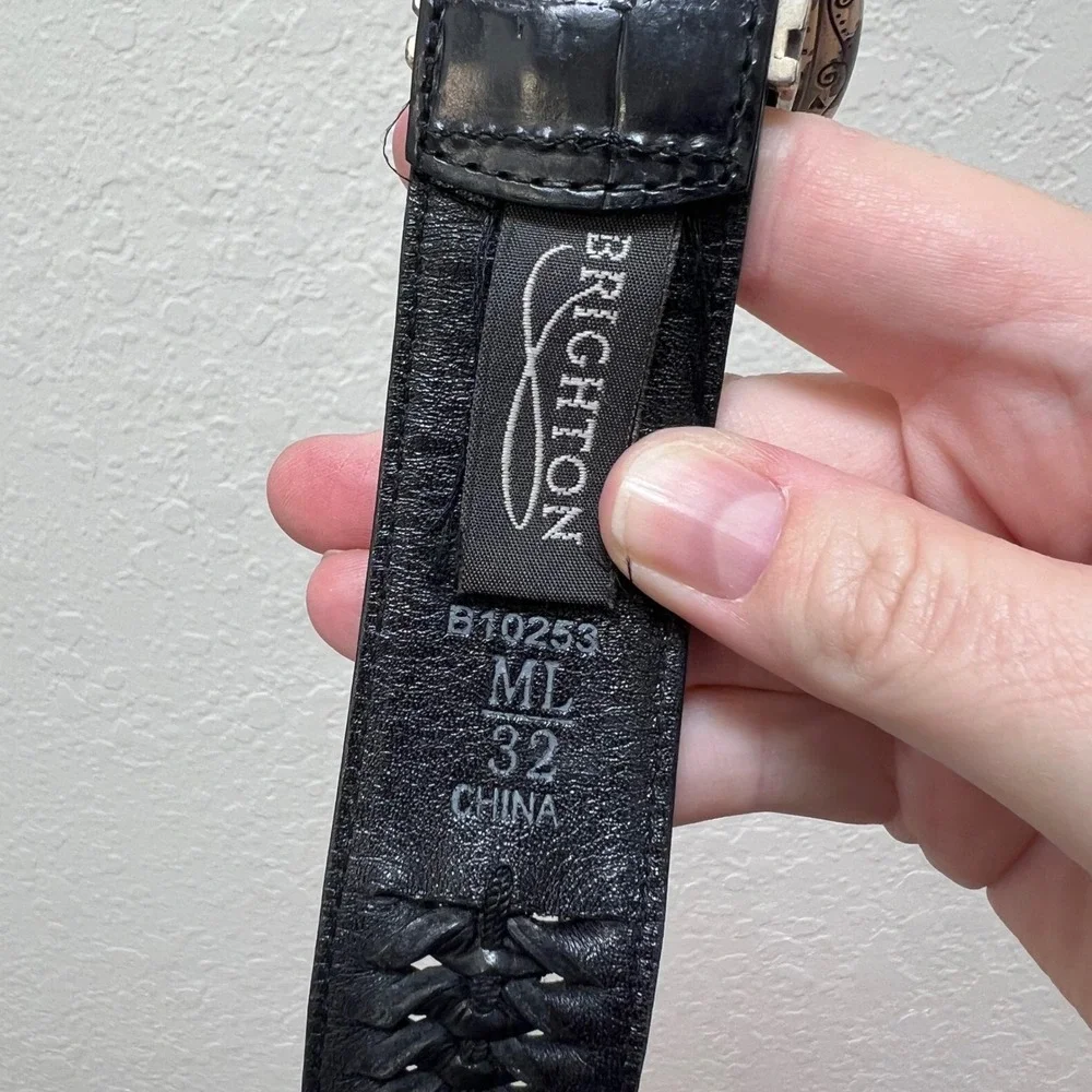 Brighton Black Leather Woven Croc‎ Embossed Belt Silver Engraved Hardware Womens
